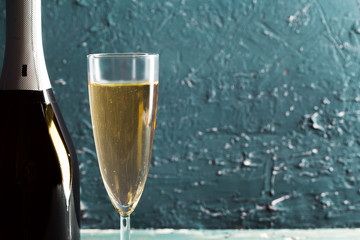 Glasses and bottle of champagne