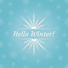 Fototapeta na wymiar Hello winter typography type with snowflakes background. Winter greeting card decor. Vector illustration.