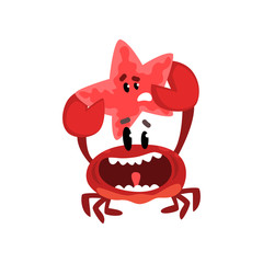 Happy crab character holding starfish, cute sea creatures with funny faces vector Illustration on a white background