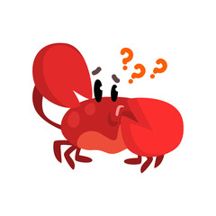 Crab character thinking with question marks, cute sea creature with funny face vector Illustration on a white background