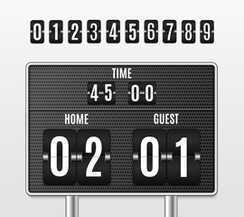 Mechanical scoreboard. Football vector illustration isolated on transparent background. Hour counter Retro vintage countdown design with time. Black countdown timer with white numbers. Vector templat