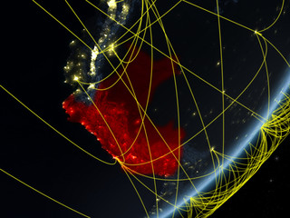 Peru on model of planet Earth with network at night. Concept of new technology, communication and travel.