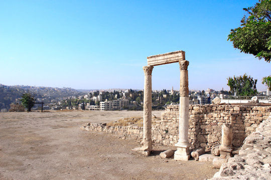 Ancient columns in Amman Citadel, Amman, Jordan
