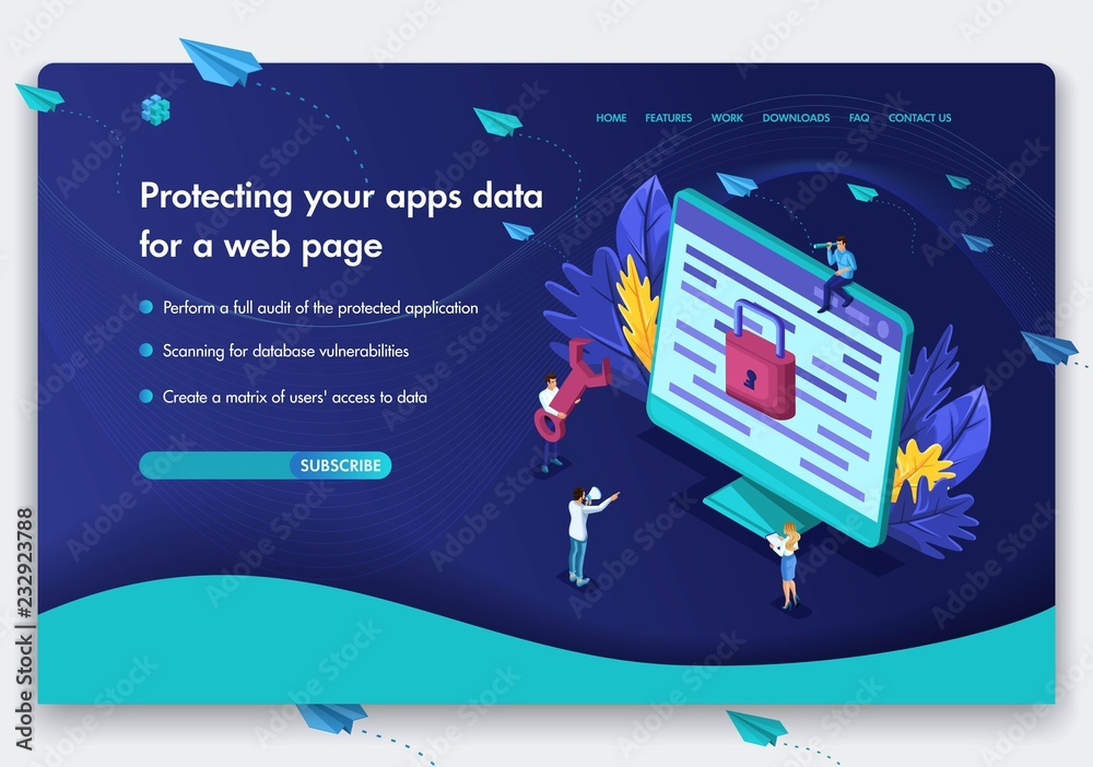 Poster business website template design. isometric concept of the work of people over the protection of com