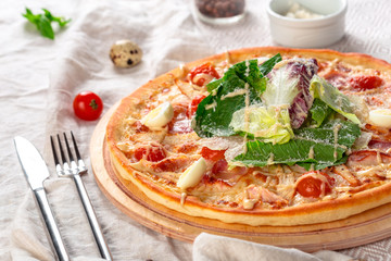 Delicious fresh pizza served on wooden table