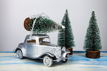 Silver retro car with a tree on the roof.