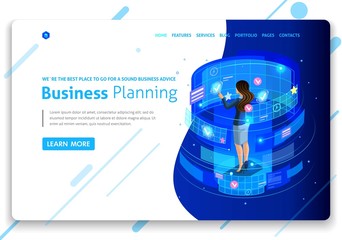 Business website template design. Isometric concept businessmen work, Augmented reality, time management, business planning. Easy to edit and customize. isolated