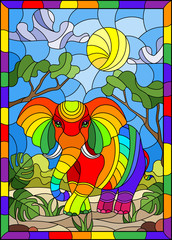 Illustration in stained glass style with cute rainbow elephant on the background of green trees of cloudy sky and sun, in bright frame 