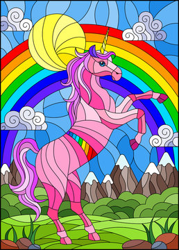 Illustration in stained glass style with pink cartoon unicorn on  background of mountains, rainbow, greenery and sky