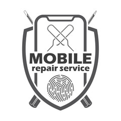 Mobile repair service logotype and badge on white background, monochrome style, vector 
