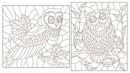 Set of contour illustrations with owls, dark contours on white background