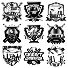 Set of nine cricket badge, emblem team tournament template, vector
