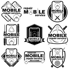 Set of nine mobile repair service badge, monochrome style, vector 
