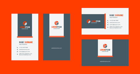 Double-sided creative business card template. Portrait and landscape orientation. Horizontal and vertical layout. Red and black color theme. Vector illustration