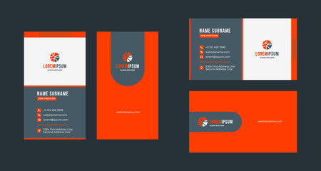 Double-sided creative business card template. Portrait and landscape orientation. Horizontal and vertical layout. Red and black color theme. Vector illustration