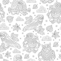 Seamless pattern with abstract owls, leaves and flowers, dark outline illustration on white background