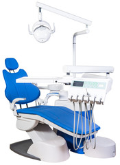 Modern blue dentist chair isolated on white background