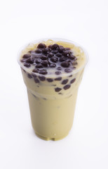 color of  tea with bubble in plastic glass with white background,bubble milk tea