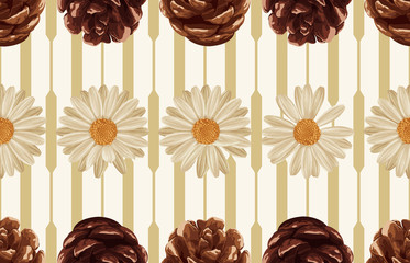 Printable seamless vintage autumn repeat pattern background with daisies, and pine cones. Botanical wallpaper, raster illustration in super High resolution.