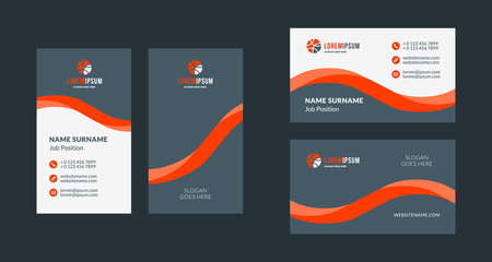 Double-sided creative business card template. Portrait and landscape orientation. Horizontal and vertical layout. Red and black color theme. Vector illustration