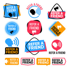 Refer a friend. Referral, friends shopping marketing attention vector badges with megaphone. Illustration of recommend referral and advertising recommendation