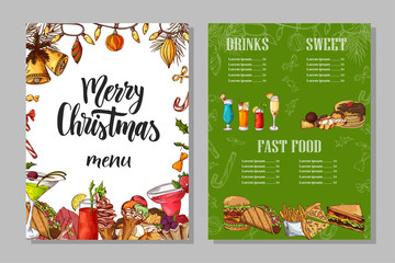 Template for restaurant brochure. Christmas festive winter menu. Hand drawn elements in sketch style. Vector illustration
