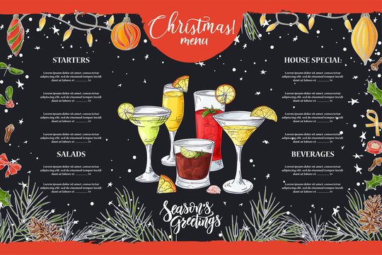 Chalk drawning Christmas menu design. Winter design template for cafe, restaurant. Food, beverages and holiday elements in hand drawn sketch style. Vector illustration
