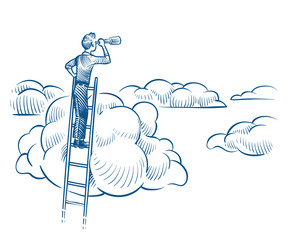 Business vision. Businessman with telescope standing on ladder among clouds. Successful future achievements sketch vector concept. Illustration of leadership on ladder with telescope © MicroOne