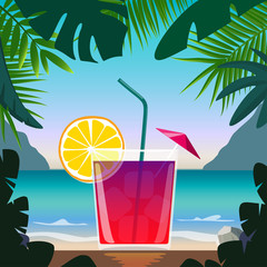 Exotic cocktail in beach bar on seashore. Cocktail with straw, lemon wedge and umbrella, surrounded by tropical leaves. Summer vacation concept. Beach bar poster. Summer party. Vector illustration.