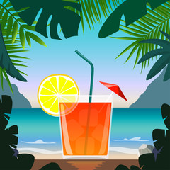 Exotic cocktail in beach bar on seashore. Cocktail with straw, lemon wedge and umbrella, surrounded by tropical leaves. Summer vacation concept. Beach bar poster. Summer party. Vector illustration.