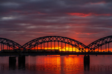 Fototapeta na wymiar bridge at sunrise in Riga