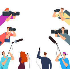 Broadcast interview. Tv journalists with camera and microphones online. News on air vector concept. Journalist interview live, journalism and reporter illustration