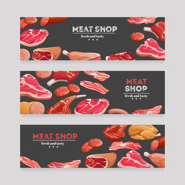 Meat Product Banners. Beef And Pork Sausage, Ham And Salami, Bacon. Butchery Meat Banner Vector Set. Illustration Of Butchery Shop Banner And Poster