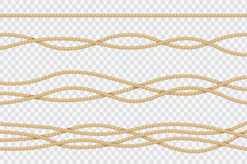 Realistic rope set. Nautical textured cords. Close up sailors strings vector 3d isolated collection. Cable cord, string fiber nautical, line connection twisted illustration