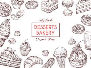 Sketch dessert background. Sweet cake delicious pie croissant and muffin. Hand drawn bakery menu vector template. Illustration of dessert pastry, cupcake and muffin drawing