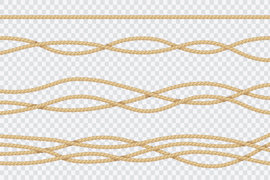 Realistic rope set. Nautical textured cords. Close up sailors strings vector 3d isolated collection. Cable cord, string fiber nautical, line connection twisted illustration