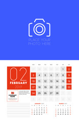 Wall calendar planner template for February 2019. Week starts on Sunday. Vector illustration