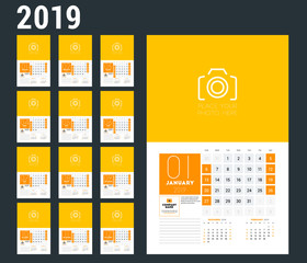Wall calendar planner template for 2019 year. Set of 12 months. Week starts on Sunday. Vector illustration
