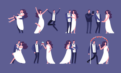 Married couples. Newly wed bride and groom, wedding celebration cartoon characters. Just married happy people vector set. Wife and husband, bridegroom and newlywed illustration