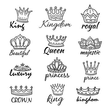 Sketch crowns. Hand drawn king, queen crown and princess tiara. Royalty vector doodle symbols and majestic logos. Illustration of king and queen, prince and emperor crowns