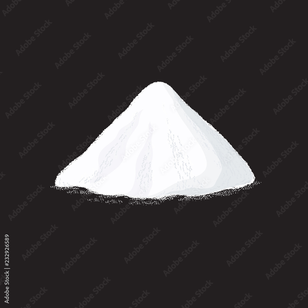 Wall mural Salt pile. White sugar powder heap vector illustration on black background. Powder heap natural, salt or soda