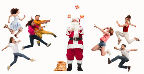 Happy running Christmas people over white background. Full length of people with different occupations. Christmas and holiday concept