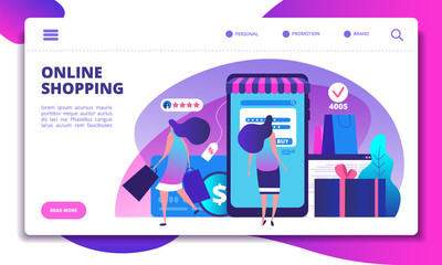 Online shopping landing page. People with smartphone doing internet payment in on-line store. Website or app vector design. Online store, payment and commerce website shop illustration