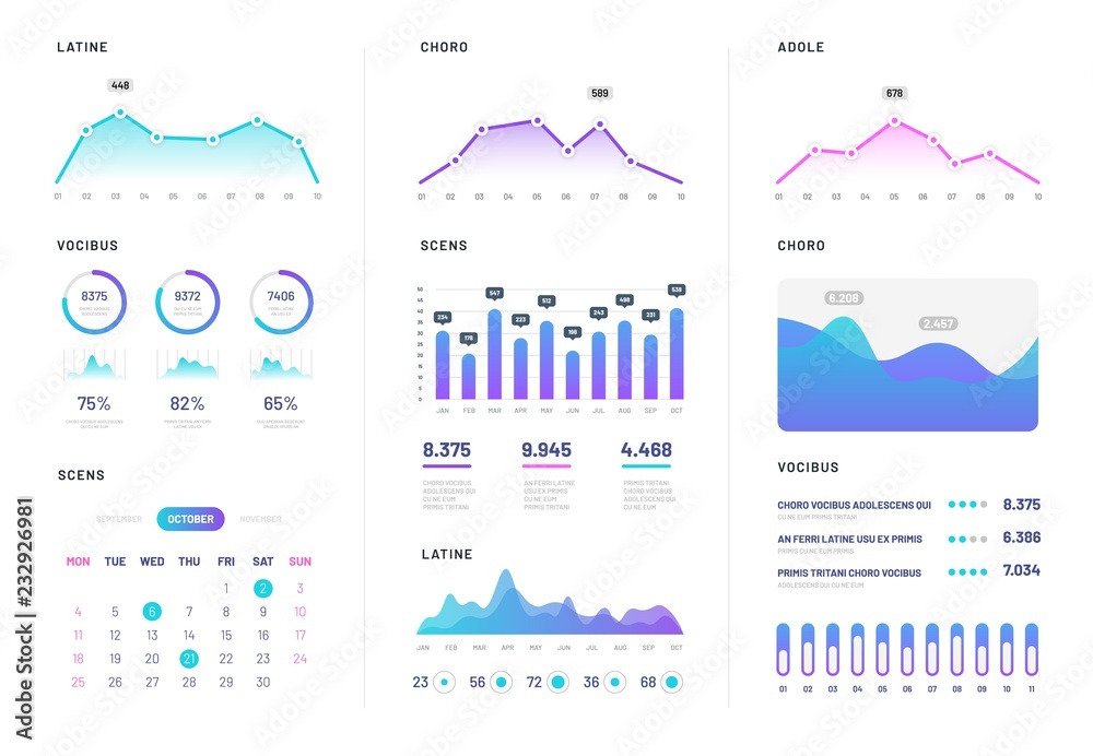 Poster ui dashboard. modern infographic with gradient finance graphs, statistics chart and column diagrams.