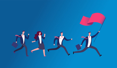 People holding flag and running. Business leader leading office team. Leadership vector concept. Illustration of leader man business with red flag