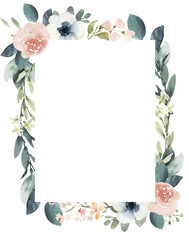 Watercolor wedding floral frame composition with blush roses and eucalyptus