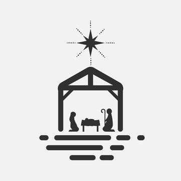 Birth of Christ, Silhouette of Mary, Joseph and Jesus isolated on white background. Vector illustration.