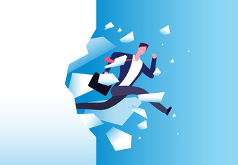 Breaking wall concept. Strong man jamps through barrier. Personal growth, business success and success motivation vector poster. Vector man jump through wall and breaking barrier illustration