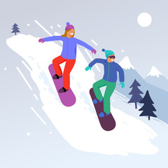Snowboarder jumping sport illustration. Extreme Winter Sports. Mountains landscape