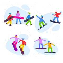 Snowboarding people with snowboard. Winter sport illustration in vector.